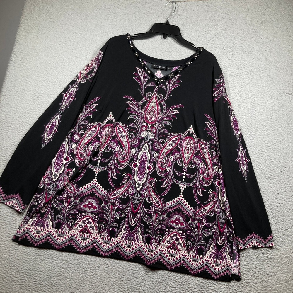 Susan Graver Artisan Tunic Women 3X Black Magenta Paisley Beaded V-Neck Top